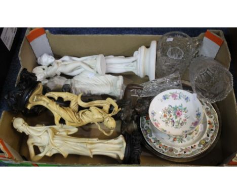 Box of mixed items to include: plastic figures of elders; ceramic figures and busts of females; Aynsley pedestal dish; dinner