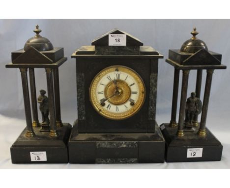 Late 19th Century black slate and marble two train architectural mantel clock garniture, the clock with enamelled Roman face 