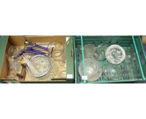 Two boxes of predominantly glassware to include: vases; jugs; bowls; coloured glass candlesticks; epergne glass scrolls etc. 