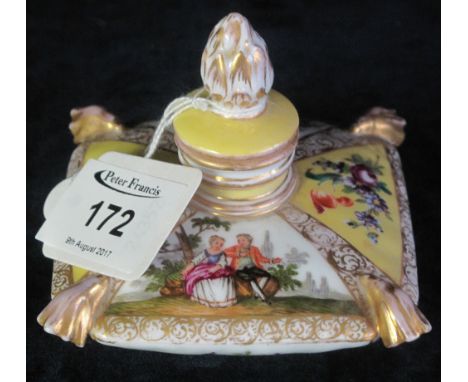 Dresden porcelain square shaped, cushion design scent bottle and stopper, decorated with panels of flowers and figures, blue 