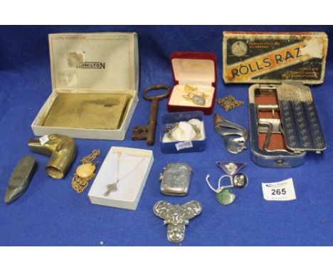 Small box of assorted collectibles to include; brass dog head cane terminal, antique key, Hamilton cigarette box, Rolls razor