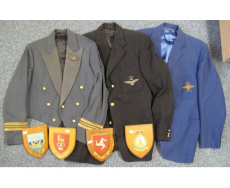 RAF Squadron Leader's short dress tunic, two RAF association blazers and three related wooden shields, including British Army