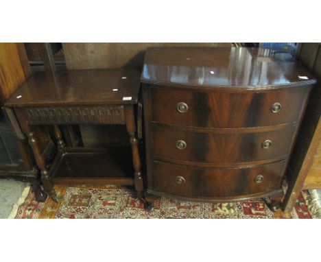 Reproduction oak drop leaf tea trolley with under shelf, together with a mid Century mahogany bow fronted bedroom chest of th