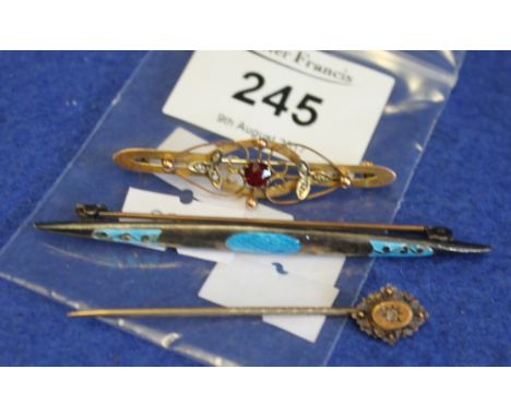 9ct gold garnet brooch, silver and enamel tie pin and diamond set hat pin. (3)(B.P. 24% incl. VAT)