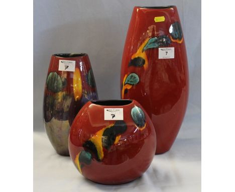 Three Poole Pottery ovoid shaped abstractly decorated vases, moulded marks to bases. (3)(B.P. 24% incl. VAT)   CONDITION REPO
