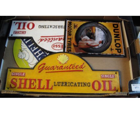 Box of assorted reproduction advertising signs to include; Shell Oil, Dunlop and Michelin tires. (B.P. 24% incl. VAT)