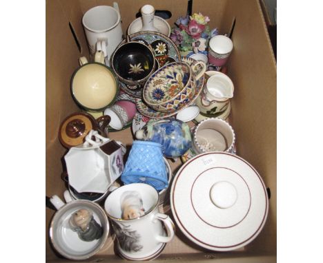 Box of mixed china to include: floral bouquet; tankards; Aynsley vase; Torquay ware jug; Poole Pottery bell shaped vase; lust