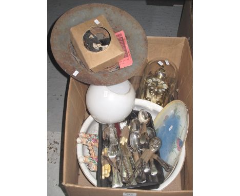 Box of miscellaneous items to include; perpetual dome type clock, oil burner with funnel and shade, gas mask, military helmet