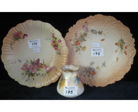 Royal Worcester china worked floral cabinet plate, Royal Worcester porcelain floral cabinet plate and similar vase, signed: M