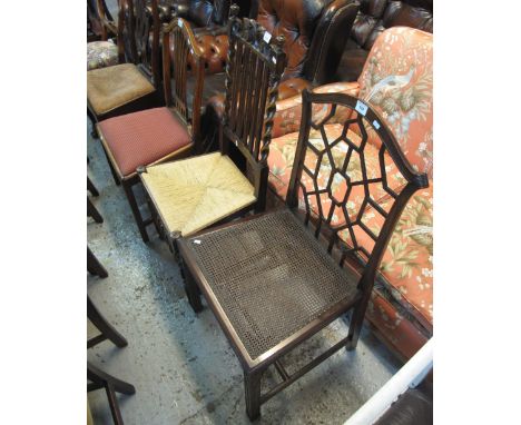 Chinese Chippendale style mahogany single chair with arched back and caned seat on strap work decorated legs, together with a