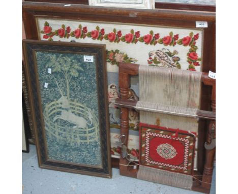 Large Berlin woolwork type tapestry signed Bowen and dated: 1870, together with turned wooden tapestry frame and a coloured p