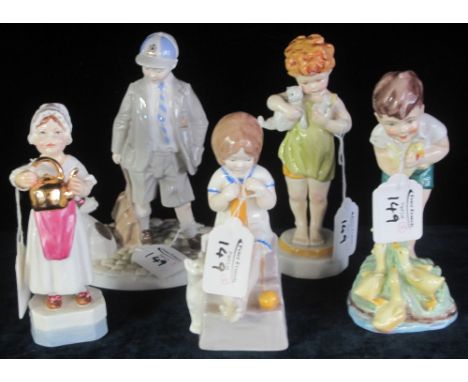 Five Royal Worcester bone china figures to include: 'Polly put the kettle on', 3303; 'Can I come too?', limited edition, 300/