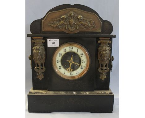 Late Victorian black slate and marble two train architectural mantel clock with gilt metal mounts.  38cm high.(B.P. 24% incl.