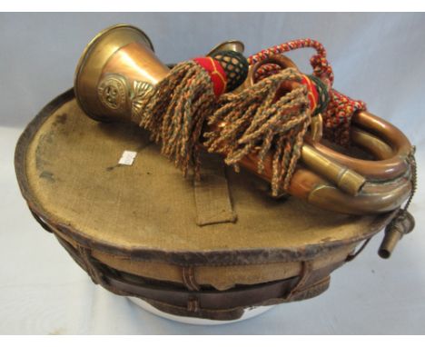 Royal Welsh Fusiliers brass bugle, another miniature bugle and a metal enamel bowl and mug, having fitted canvas cover. (4)(B