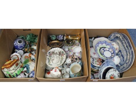 Three boxes of assorted ceramics to include: graduated duck wall plaques; prunus blossom ginger jar; cottage ware and other t