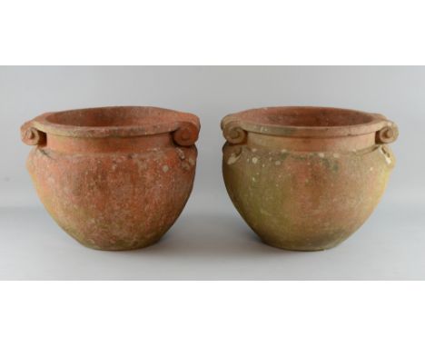 Pair of Compton Art Guild, terracotta scroll pots designed by Mary Seaton Watts, with impressed seal marks, 29cm x 37cm,     