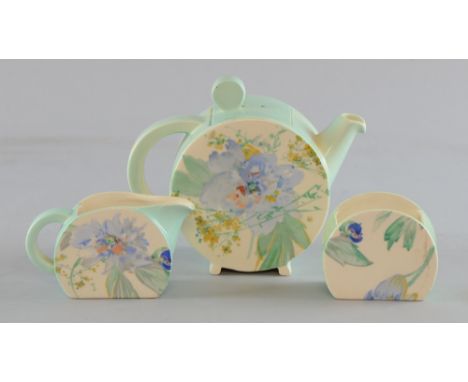 Clarice Cliff bonjour shape bachelor tea service, peony pattern marked with Wilkinson, Royal Staffordshire mark     Sugar bow