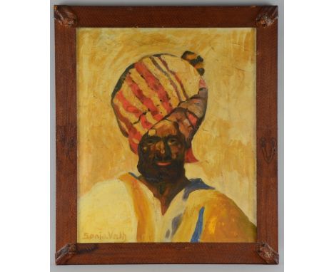 Sonja Valh portrait of bearded man in in a turban oil on canvas signed 53cm 44cm in and unusual frame covered in Indian cobra