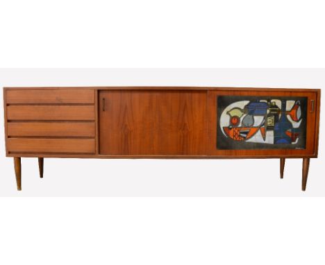 Vigneron a mid 20th Century low sideboard with tiled panel teak with sycamore interior, two cabinets and four drawers, the ti