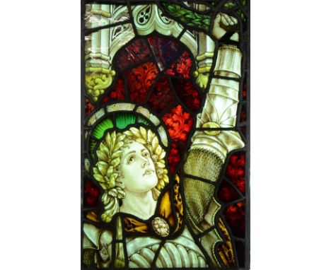 Painted and stained glass panel depicting a woman, in Pre-Raphaelite style, wearing armour and with a sword, probably Joan of