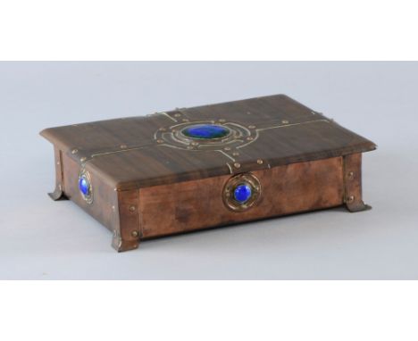 Arts and Crafts copper box with four enamel roundels overlayed with studded decoration, 5 x 20 x 14.5 cm     No damage to ena