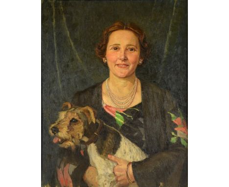 E Breada ( Danish) Art deco style portrait of a women in floral robe holding a Jack Russell signed and dated 1940 oil on canv