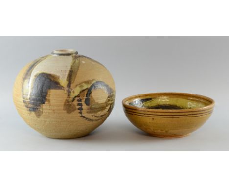 Studio pottery vase signed on the base G Shanks, 29cm high, pottery bowl diameter 24cm, and an enamelled metal tile decorated