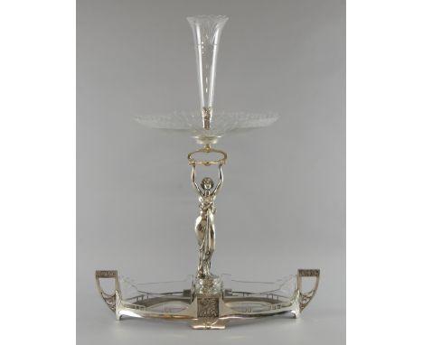 Art Nouveau WMF glass and silverplated figural centrepiece, the glass with etched and faceted decoration, 67cm x 51cm x 14cm,