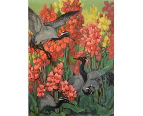 K Nixon - four herons surrounded by flowers, signed, oil on board, 122cm x 89cm,     overall condition good - no damage found