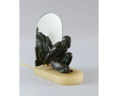 Art Deco lamp with figure of a nude male in bronze patinated spelter on alabaster base, 20 cm     On/ off switch missing,   s