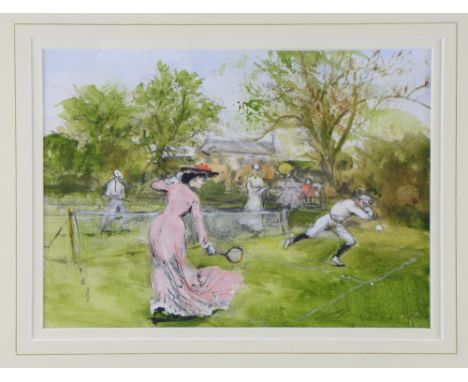 Early 20th century gouache of a lady playing tennis, indistinct signature, 18cm x 23cm,     