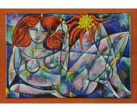 Tibor Szakos (Hungarian). 'Girl With Flower', enameled copper panel depicting an abstract female form, signed T.Szakos '97. M