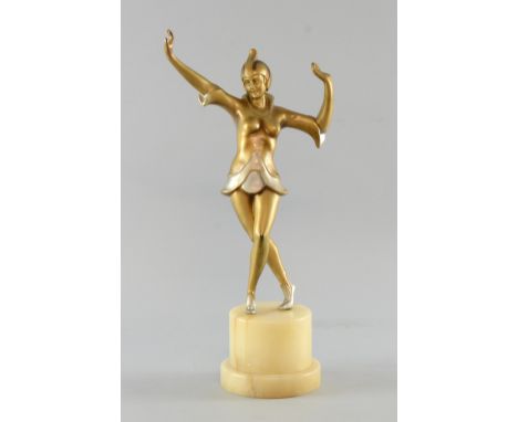 Art Deco figure of a dancing girl, gold patinated spelter 1930's, on marble column base, 36.5cm high,     