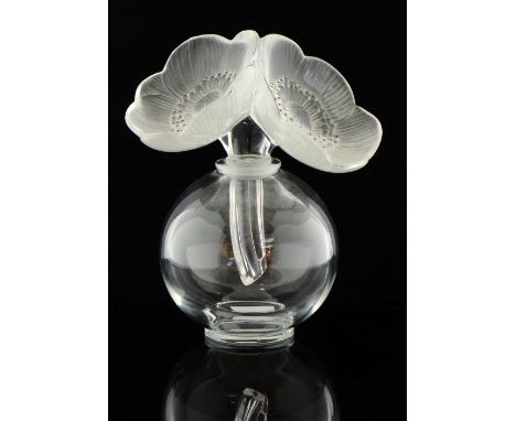 Lalique scent bottle ' Deux anemones' globular form bottle the stopper in the form of two flowers in frosted glass and enamel