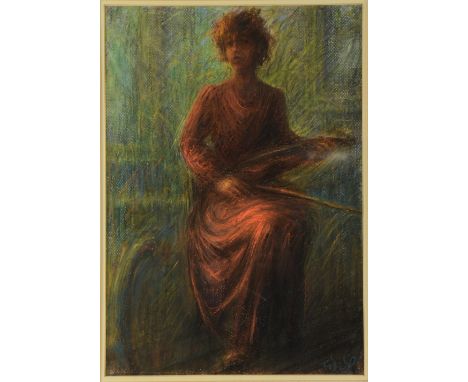 § Eiko Yoshimoto, 'Woman with Violin' signed, pastel, gallery label verso, 41cm x 29cm, Provenance: Single owner collection o