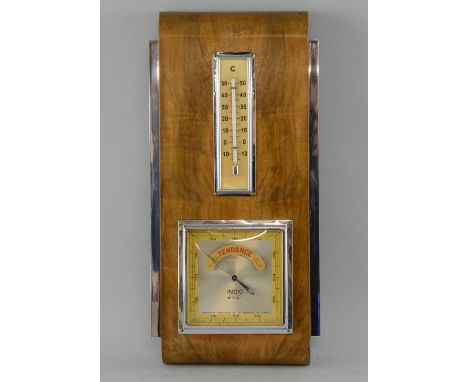 French Art Deco walnut and chrome mounted aneroid barometer and thermometer, by INDIC, No. 3967, 36cm high,     