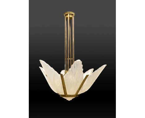 Art Deco frosted glass and gilt metal chandelier, each moulded section stamped Hanots, 90cm high     #2; All glass pieces hav