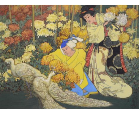 K Nixon - two Japanese figures with two albino peacocks, signed, oil on board, 122cm x 89cm,     overall condition good - no 