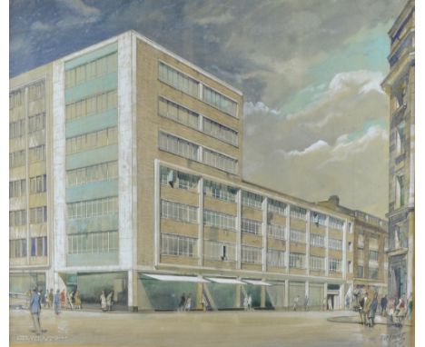 TDM Harvey, Great Malborough Street, W1. 'Stone Toms & Partners, Architects', architectural painting, mixed media, signed, ti