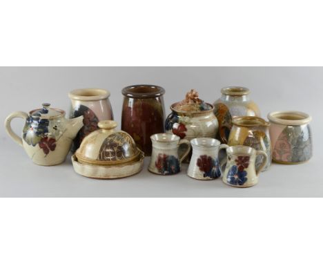 Collection of Crich pottery, various designers, four vases, vase and cover, butter dish, shallow dish, jug, three mugs and a 