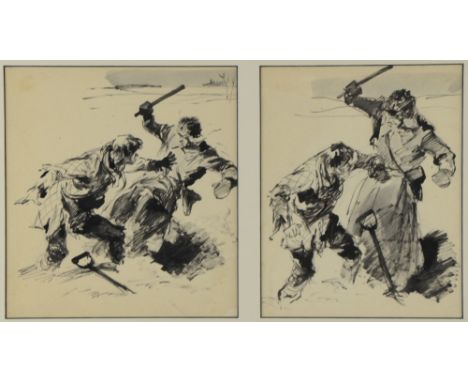 Pair of pen and ink illustrations of two men fighting, unsigned 22cm x 20cm and 22cm x 17cm, framed as one, Provenance: Singl