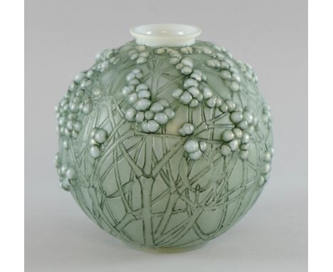 Lalique 'Druide' opalescent glass vase with green staining, high relief design of mistletoe, designed 1924, etched R Lalique 