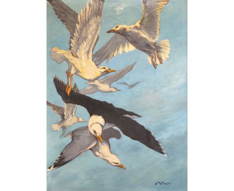 K Nixon - seagulls in flight, signed, oil on board, 142cm x 89cm,     overall condition good - no damage found