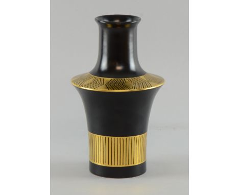 Crown Devon Memphis vase by Colin Melbourne black ground highlighted in gilt , 23cm high     No chips, cracks or restoration 