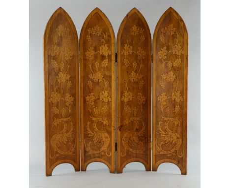 Art Nouveau walnut penwork four fold firescreen, each panel 74cm x 16cm,     