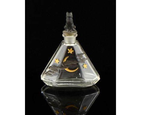 Art Deco glass perfume bottle by Julien Viard, the stopper in the form of a cat , faceted glass with enamelled decoration of 