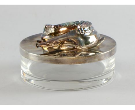 Silver plate and glass circular box mounted with model of a fish and similar Swedish box with nude finial     Fish box , unma