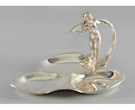 Art Nouveau figural nut dish by WMF the figure of a young lady holding the stalk of a leaf which forms the handle, 20cm x 31c