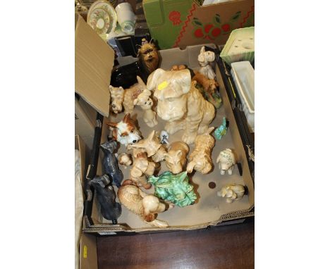 A TRAY OF SYLVAC AND OTHER CERAMIC DOG FIGURES TO INCLUDE A LARGE SCOTTIE DOG FIGURE STAMPED NO.5