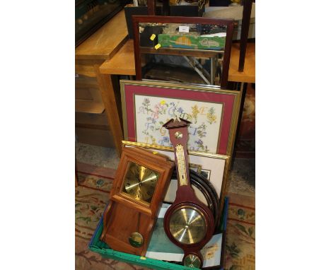 A COLLECTION OF FRAMED AND GLAZED PRINTS TOGETHER WITH A WALL MIRROR CLOCK AND BAROMETER